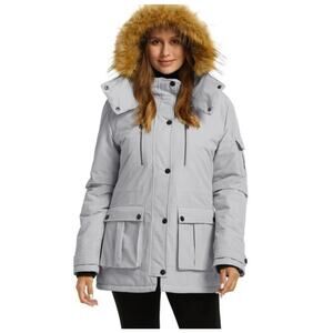 Wantdo Women's Winter Coat Gray XL Waterproof Parka Coat Faux Fur Removable Hood